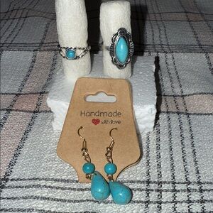 (A) Handmade Turquoise Jewelry Set with Silver Accent Costume Jewelry